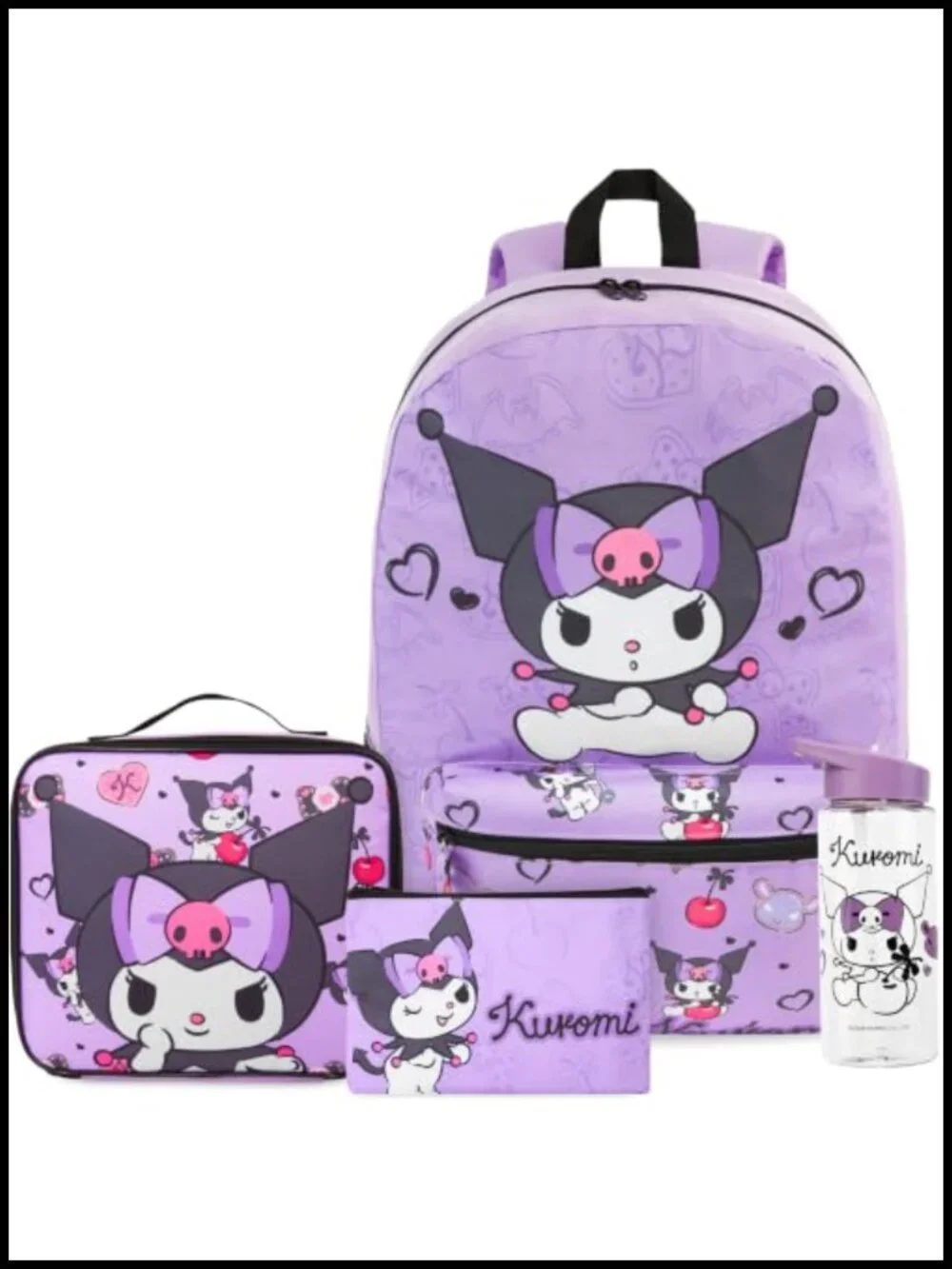 Kuromi Girls Backpack Set 4 Piece - Lunch Bag Pencil Case Water Bottle Sanrio